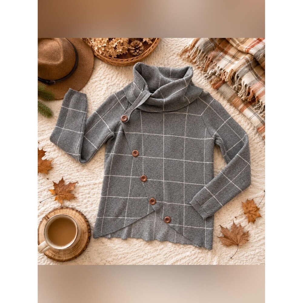 Windowpane Gray Cowl Neck Button Accent Sweater Women’s Size Medium